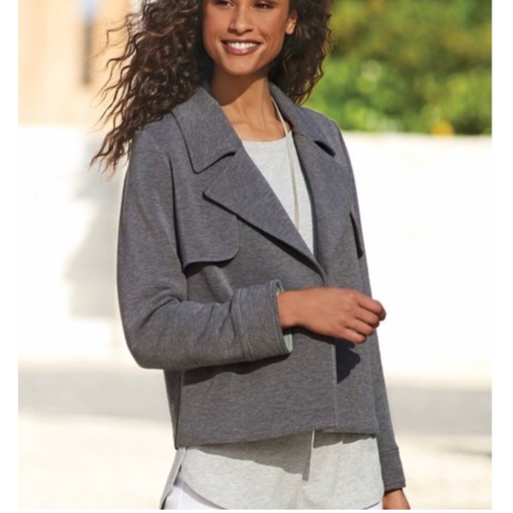 Soft Surroundings Kenosha Blazer Jacket XS Gray Green Lining Open Front Lapels